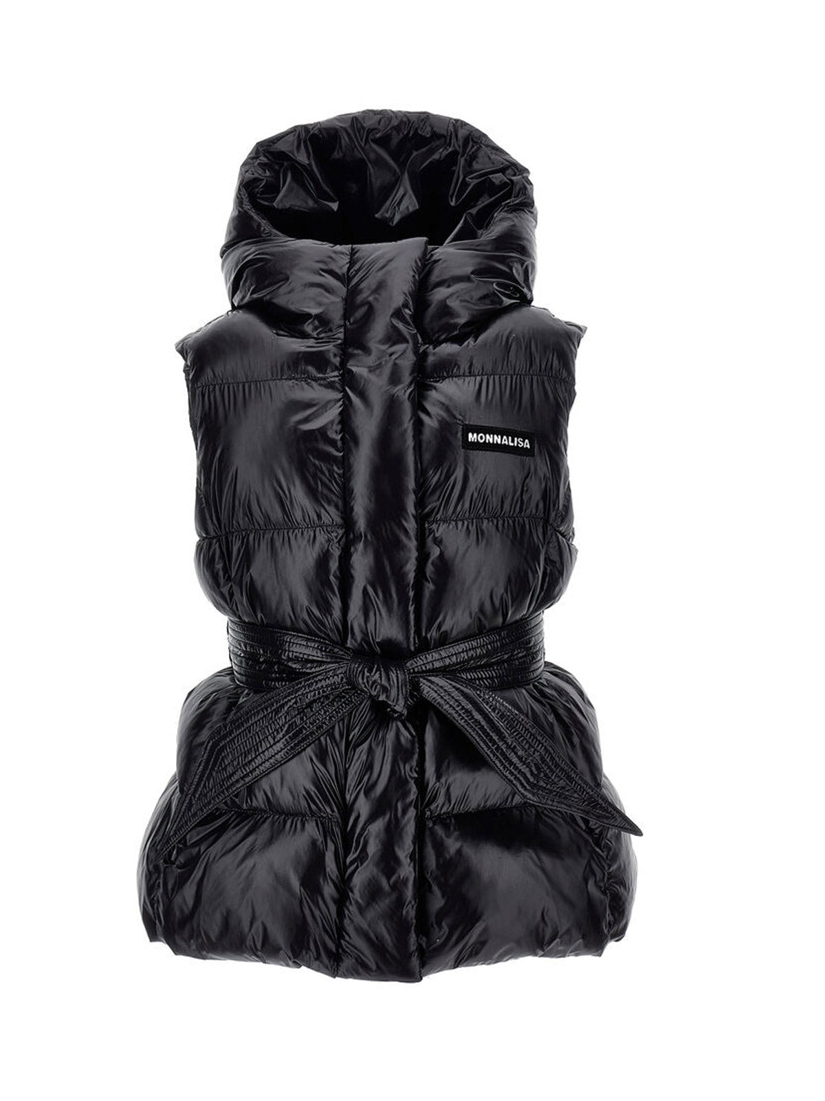 Monnalisa- Black sleeveless gilet with ribbon belt