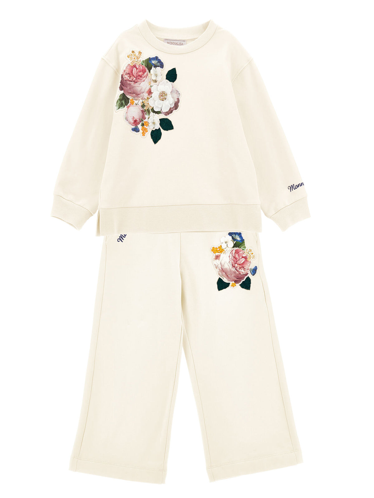 Monnalisa embroidered set sweatshirt & trousers-Panna