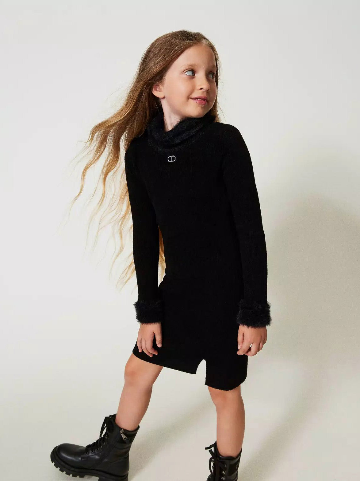 Twinset - Girls’ Short black dress with faux fur